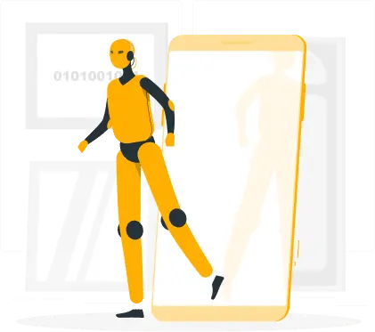 Illustration of a humanoid figure stepping out of a mobile phone, symbolizing advanced IVA compared to traditional IVR