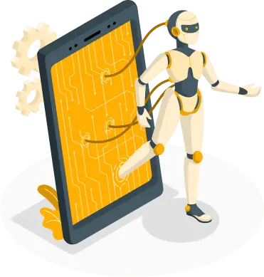 Humanoid robot tangled in a phone cord emerging from a smartphone, depicting the challenges of integrating IVA and IVR systems effectively.