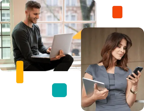 Man comfortably working on a laptop and woman using a tablet, depicting user adoption in IVA vs IVR systems.